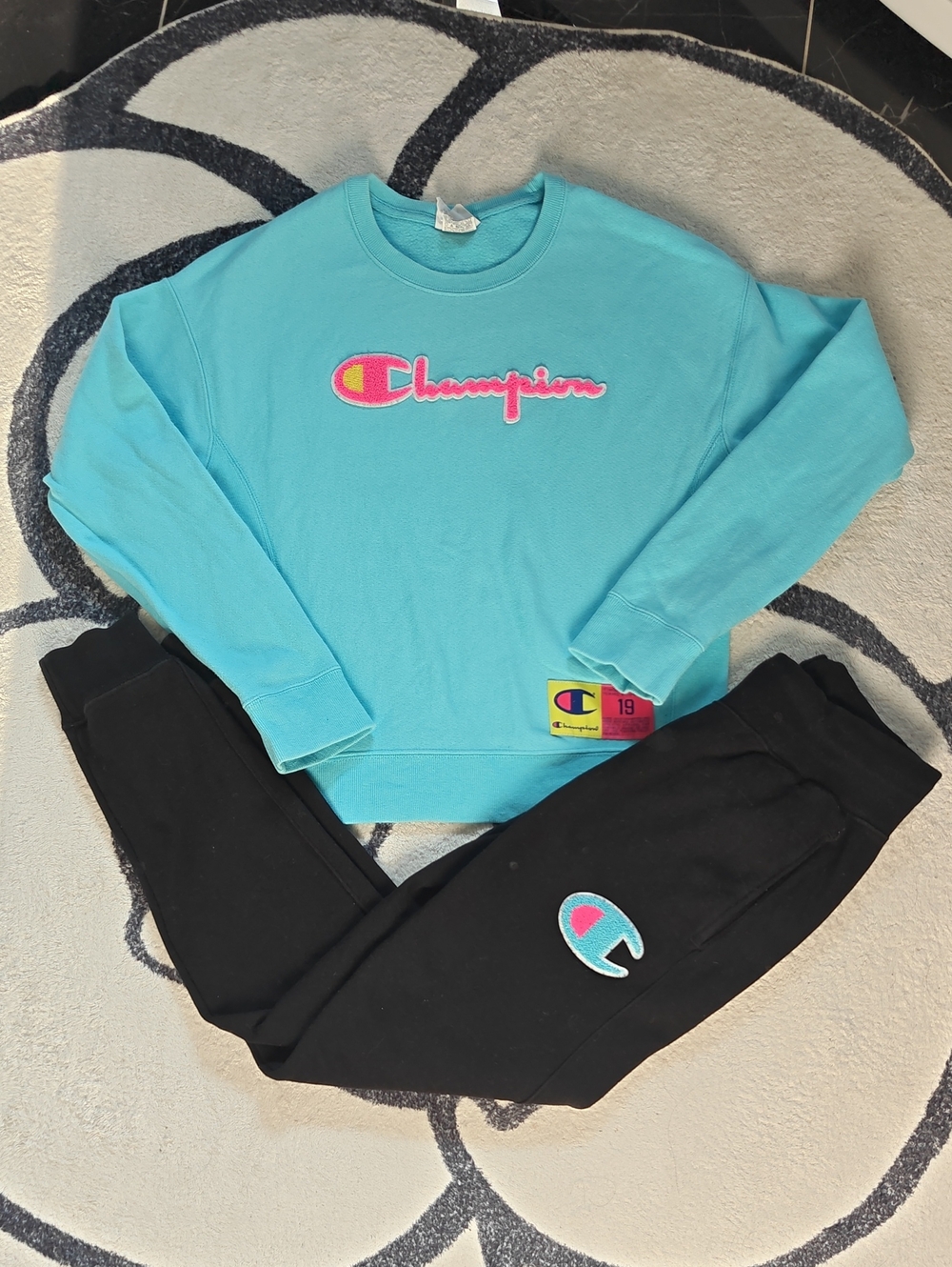 Champion Women or Big Girl Crewneck Sweatshirt & Joggers Set - Aqua Blue & Black